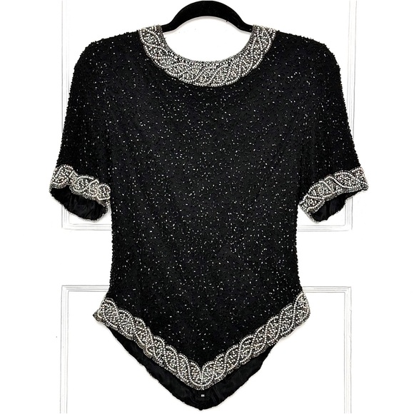 VINTAGE Silk Faux Pearl Trim Beaded Short Sleeve Pointed Hem Evening Wear Top S - Picture 2 of 6